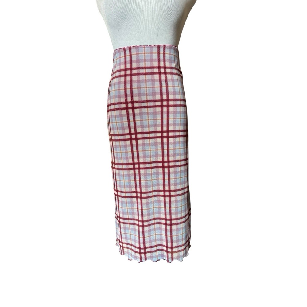 Y2K Plaid Mesh Midi Skirt Size XS Burgundy Dark Academia Whimsygoth Fairy Grunge